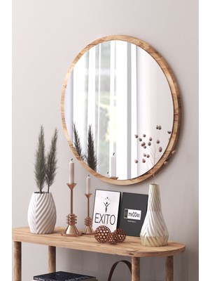 Özbience Şık Yuvarlak Dekoratif Aynalı Duvar Süsü 46 cm Ceviz Renk