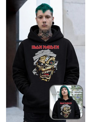 Fuddy Moda Unisex Skull Iron Maiden Baskılı Kapüşonlu Sweatshirt, Oversize Rock Metal Müzik Baskılı Hoodie