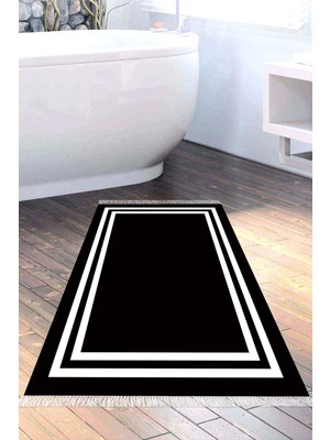Özbience Yıkanabilir Kaymaz Taban Banyo Paspası, Siyah Beyaz Bordürlü, Eko Trend