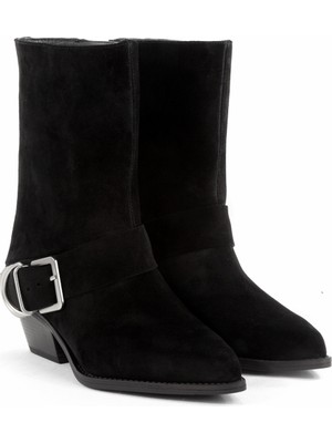 Rella Siyah Hakiki Süet Deri Western Kovboy Kadın Bot Sivri Burun Kalın Topuk Bot