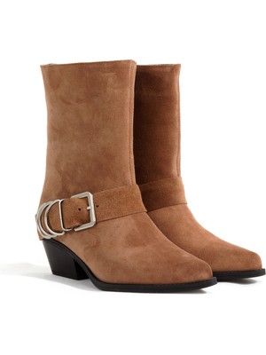 Rella Taba Hakiki Süet Deri Western Kovboy Kadın Bot Sivri Burun Kalın Topuk Bot