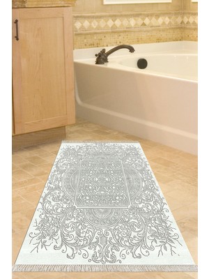 Özbience Yeşil Kaymaz Taban Banyo Halısı Yıldız Desenli ve Saçaklı Modern Tasarım