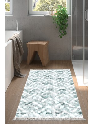 Özbience Yeşil Kaymaz Taban Banyo Halısı Yıldız Desenli Saçaklı F5124