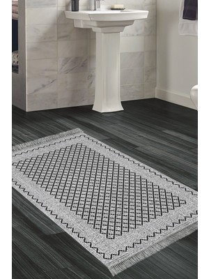 Özbience Kaymaz Taban Banyo Halısı, Pamuk Saçaklı, Modern Tasarım, M5001 Gri