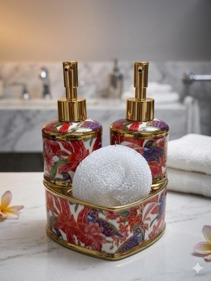 Lüx Gold Detaylı Porselen 2’li Sıvı Sabunluk Seti - Dekoratif Mutfak Banyo Tezgah Üstü Sabunluk