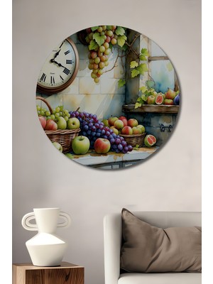 Özbience Elmalı Üzümlü Sulu Boya Görünümlü Ahşap Dekoratif Tablo