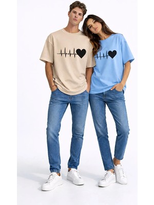 Nevermind Sevgili Kombini Kalp Ritmi Baskılı Çift Tişört Oversize Unisex Partner Kombin Çift Seti