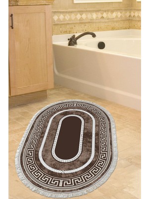 Özbience Yıkanabilir Kaymaz Taban Banyo Paspası, Modern Oval Kahve