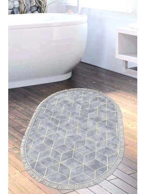 Özbience Modern Oval Kaymaz Tabanlı Banyo Halısı, Saçaklı ve Mavi Renkli