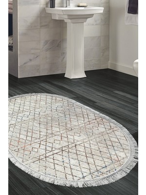Özbience Kaymaz Taban Banyo Halısı Oval Pamuk Saçaklı F5079 Bej