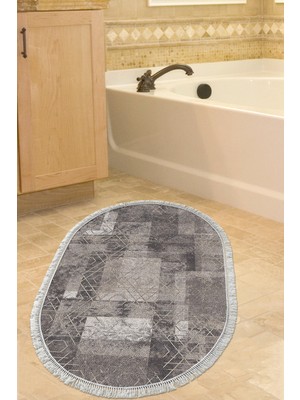 Özbience Yıldız Desenli Oval Banyo Halısı, Kaymaz Taban, Saçaklı, Kahve