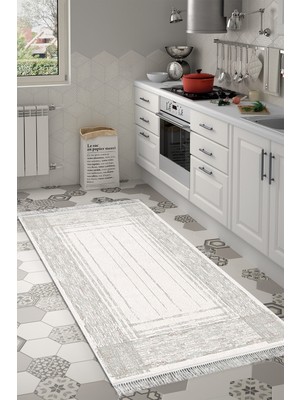 Özbience Yeşil Kaymaz Taban Mutfak Halısı Yıldız Deri Saçaklı Modern M5076