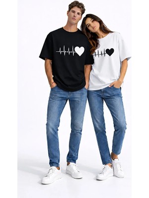 Nevermind Sevgili Kombini Kalp Ritmi Baskılı Çift Tişört Oversize Unisex Partner Kombin Çift Seti