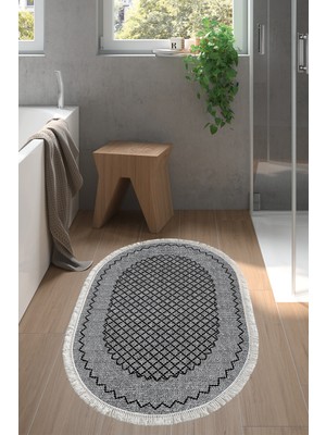 Özbience Kaymaz Taban Oval Banyo Halısı Yıldız Deri Saçaklı Modern M5001 Gri