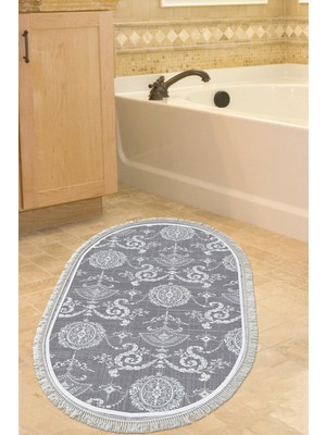 Özbience Kaymaz Taban Banyo Halısı, Oval, Pamuk, Saçaklı, Modern, Gri, 1861M