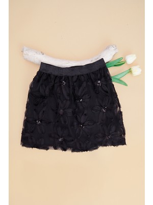 FullaModa Çiçekli  Beli Lastikli Simli Kız Çocuk Etek