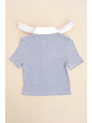 FullaModa Çizgili Polo Yaka Armalı Kız Çocuk Tişört