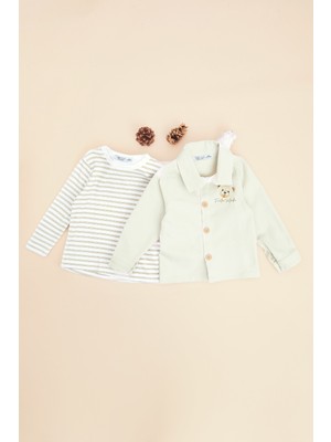 FullaModa %100 Pamuk Ayıcık Baskılı Çizgili Erkek Çocuk 2 Li Takım