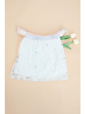 FullaModa Çiçekli  Beli Lastikli Simli Kız Çocuk Etek