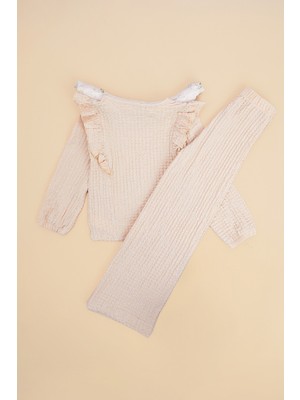 FullaModa Fırfırlı Bürümcük Kumaş Kız Çocuk 2 Li Takım