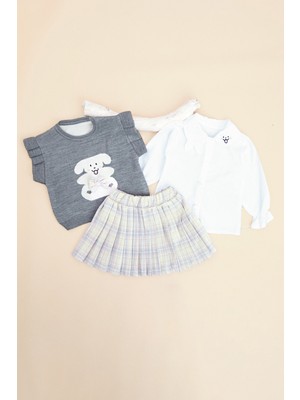 FullaModa Ekose Desenli Triko Süveterli Kız Çocuk 3 Lü Takım