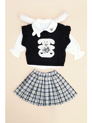 FullaModa Ekose Desenli Triko Süveterli Kız Çocuk 3 Lü Takım