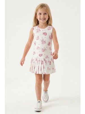 Kalp Desenli Pileli Kız Çocuk Elbise