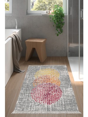 Özbience Kaymaz Taban Banyo Halısı, Pamuk Saçaklı, Modern Tasarım, E4052, Krem-Oranj-Kırmızı