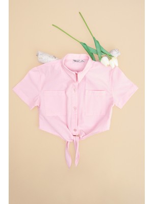 FullaModa Önü Bağlamalı Çift Cepli Crop Kız Çocuk Gömlek