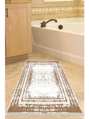 Özbience Kaymaz Taban Banyo Halısı Trend Saçaklı Modern Krem M5132
