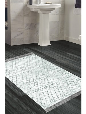 Özbience Yeşil Kaymaz Banyo Halısı Trend Saçaklı Düz Tasarım F5079