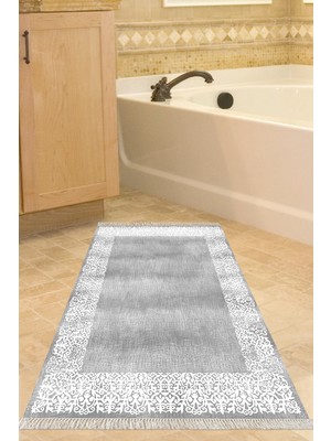 Özbience Kaymaz Tabanlı Modern Banyo Halısı, Pamuk Saçaklı, Gri, Şık ve Konforlu