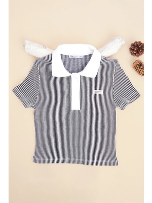 FullaModa Çizgili Polo Yaka Armalı Kız Çocuk Tişört