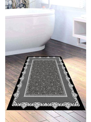 Özbience Saçaklı Modern Banyo Halısı, Kaymaz Taban, Siyah, 1692