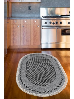 Özbience Kaymaz Taban Modern Mutfak Halısı Oval Gri Pamuk Saçaklı M5001