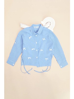 FullaModa Çizgili Fiyonklu Yanları Büzgülü Kız Çocuk Gömlek