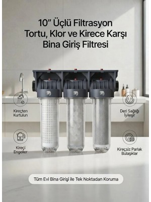SoftHydra 10 İnç Bina ve Daire Girişi Su Filtre Sistemi - Sayaç Arkası 3'lü Koruma Paketi - Yıkanabilir Sediment + CTO Karbon + Silifoz Kireç Önleyici Filtre Seti