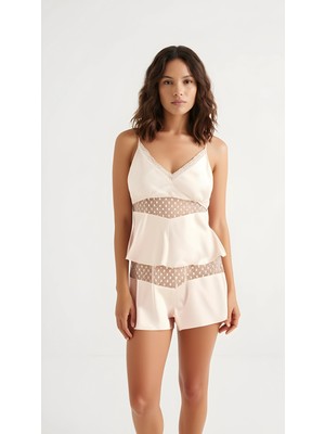 Fildişi Saten Babydoll Şort Takımı Zarif Kadın Gece Giyim