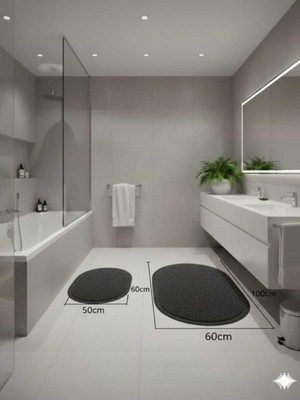 Özbience Düz Saçaklı Oval Banyo Paspası Çift Set 60X100 ve 50X60 cm