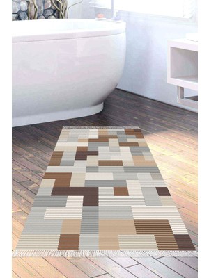 Özbience Kaymaz Tabanlı Modern Pamuk Banyo Halısı, Kahve Renk, Saçaklı MU113