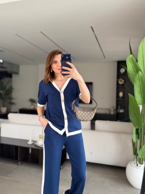 Aesco Kadın Kısa Kollu Ribana ve Gold Düğme Detay Hırka Yanı Şeritli Pantolon Ikili Takım