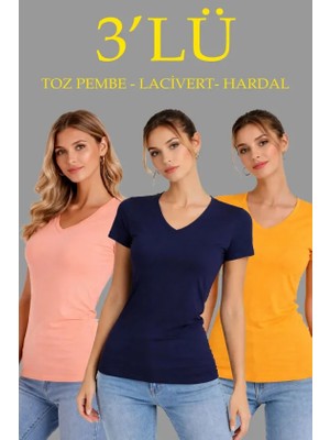 Tiana 3lü V Yaka Tişört – Kısa Kollu Yazlık Slim Fit Body - Toz Pembe, Lacivert, Hardal