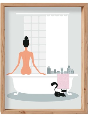 Özbience Banyo Yapan Kedi Ahşap Çerçeveli Ev Dekorasyon Tablosu