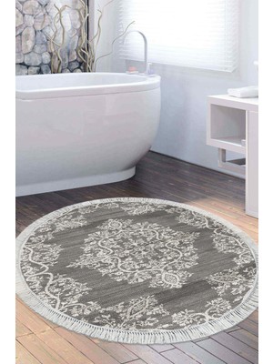 Özbience Yıkanabilir Kaymaz Tabanlı Osmanlı Tarzı Banyo Paspası, Yuvarlak, Gri