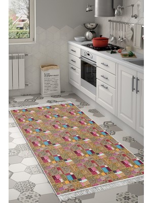 Özbience Yıldız Desenli Modern Mutfak Halısı, Kaymaz Taban, Saçaklı, Renkli, 2155M