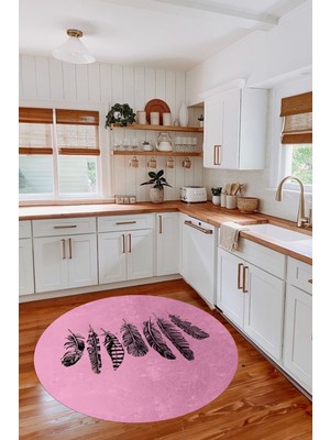 Özbience Dijital Baskılı Kuş Tüy Desenli Yuvarlak Yıkanabilir Halı