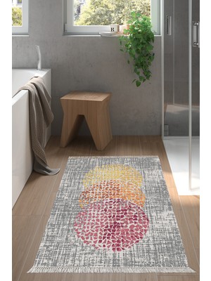 Özbience Kaymaz Taban Banyo Halısı Star Pamuk Saçaklı Modern Krem Oranj Kırmızı