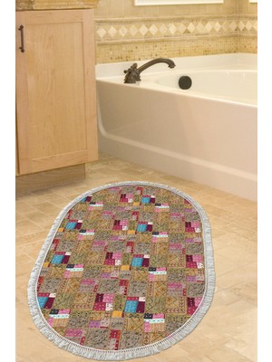 Özbience Yıldız Desenli Oval Modern Banyo Halısı, Kaymaz Taban, Saçaklı, Renkli