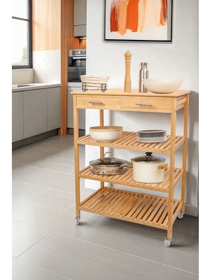 Özbience Bambu Çekmeceli Tekerlekli Mutfak Servis Arabası, Şık ve Kullanışlı Tasarım