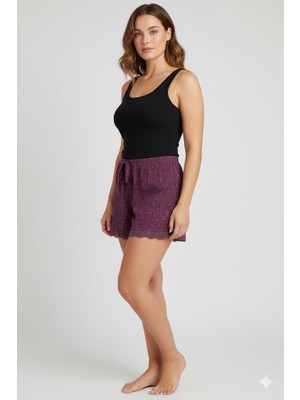 Royaleks Group Düz Renk Mini Çiçek Desenli Penye Kadın Ev Şortu Bacak Dantel Detaylı Ev Giyim Gül Kurusu